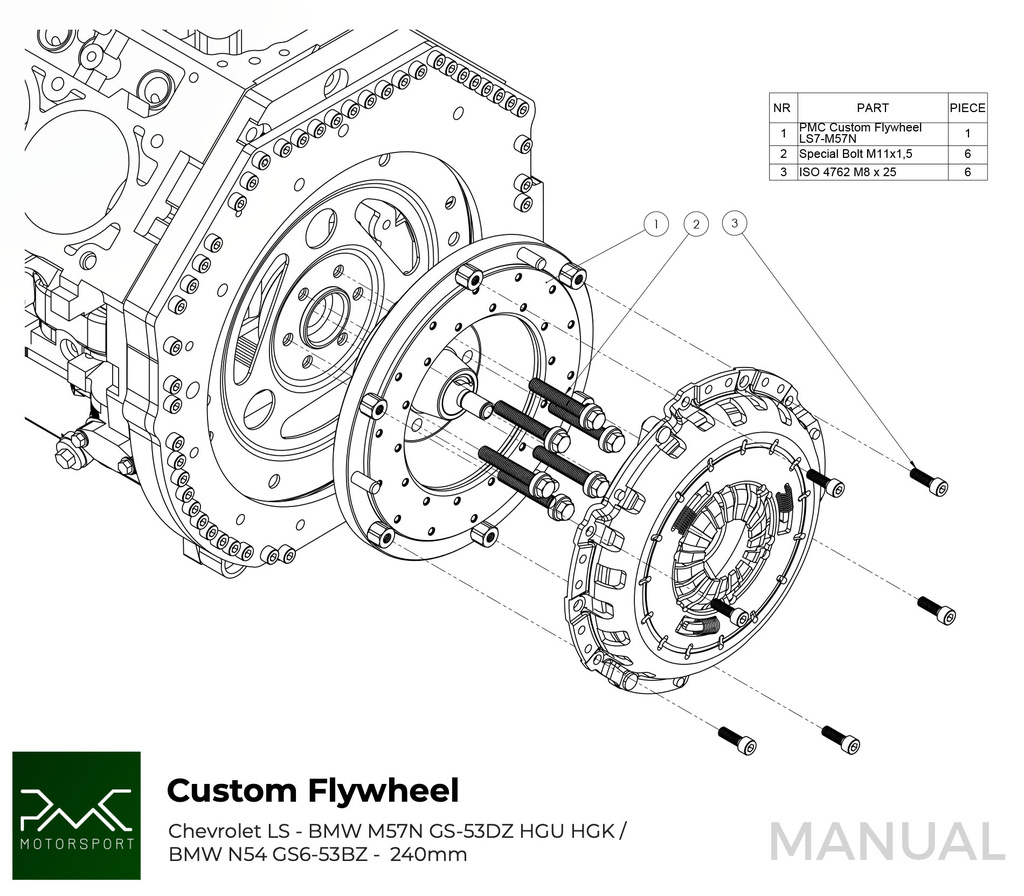 PMC Adapter Kit Chevrolet LS - BMW M57N HGU HGK / BMW N54 - 240mm / 9.45"